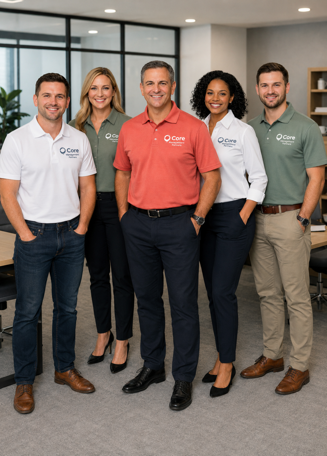 Corporate business team wearing custom embroidered polo shirts by Ink and Thread Collective in Nashville